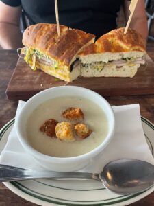 My roasted cauliflower soup with homemade croutons (a daily special for that day) and my husband's massive and delicious sandwich from Moto Deli & Bodega in Historic Fresno High