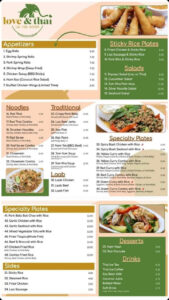 The menu at Love & Thai Restaurant in Sunnyside Fresno